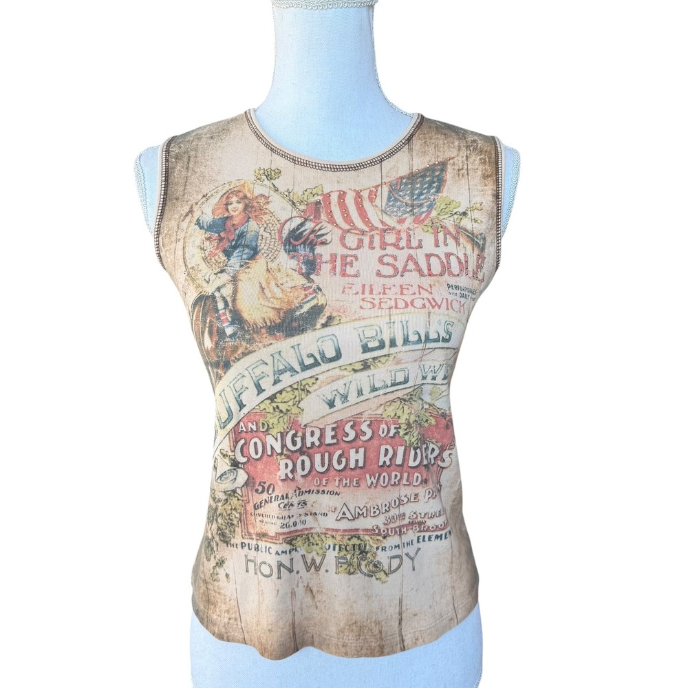 Skinny Minnie Buffalo Bills Wild West Graphic Tank Top Vintage Style Brown Large